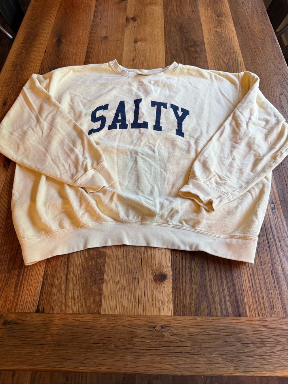 Comfort Colors Light Yellow Crewneck Sweatshirt with Navy 'SALTY' Graphic